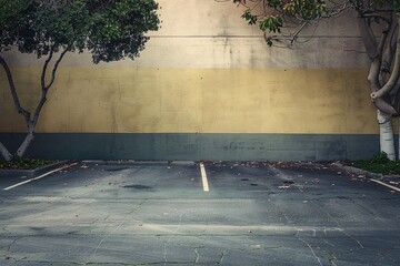 Poster - Empty parking lot with a weathered wall and trees, conveying a sense of urban decay and abandonment