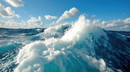 Poster - Ocean wave cresting with foamy white water under a vibrant blue sky with scattered clouds. Captures the power of the sea with dynamic light