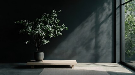 Poster - Interior scene with a potted plant on a wooden platform. Window view of lush greenery, dappled light, and a textured dark wall creates a serene atmosphere