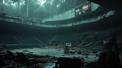 Poster - Abandoned stadium overgrown with vegetation under dim lighting featuring decayed structure with empty seats and scattered debris