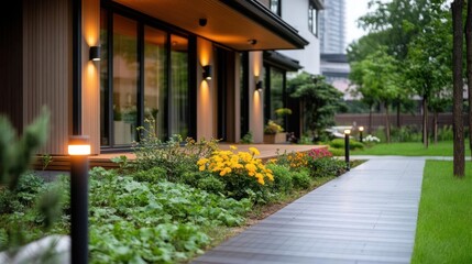 Poster - Exterior view of modern home with lit walkway and garden featuring yellow flowers green grass trees and bushes