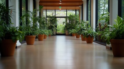 Poster - Hallway with terracotta pots plants on each side with bright background wood floor and natural light in the daytime