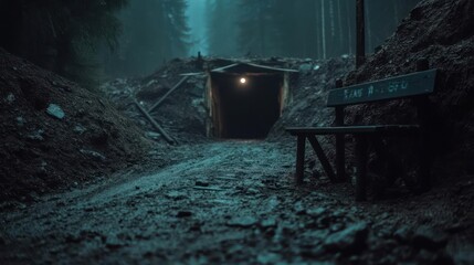Aufkleber - Tunnel entrance with a wooden structure at night lit by a single light in the forest with a bench. Moody atmosphere and dark environment