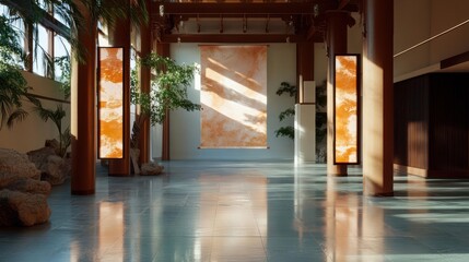 Poster - Interior shot with sunlight streaming through large windows highlighting the textured orange panels wooden beams and indoor plants creating a serene atmosphere