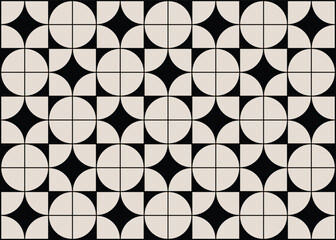 seamless black and cream mid century modern quarter circles pattern for banners, backgrounds, fabric