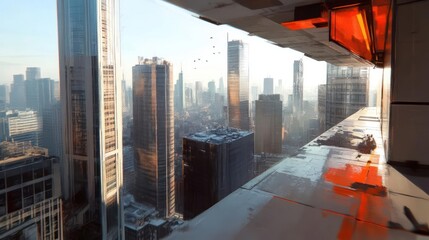 Poster - High angle view of a futuristic cityscape with tall buildings in soft lighting from a window frame showcasing a dystopian urban landscape