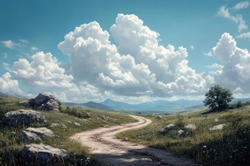 Poster - Scenic landscape of rolling green hills a winding dirt path and a bright blue sky with puffy white clouds. A single tree sits to the right