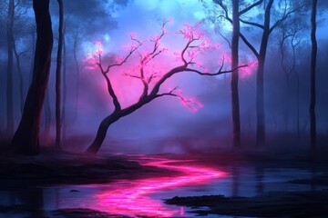 Poster - A vibrant pink glowing tree with a winding river in a mysterious blue toned misty forest with high contrast lighting