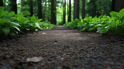 Aufkleber - A pathway through a lush forest landscape. Detailed focus on the ground with plants, sunlight, and tall trees. The scene evokes a sense of tranquility