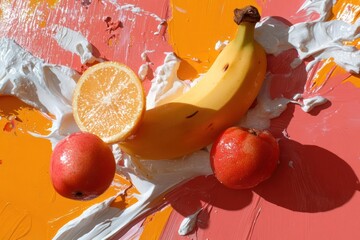 Poster - Colorful still life composition featuring a sliced orange a ripe banana a red apple and a strawberry all arranged on a vibrant orange and pink painted surface with white paint splatters under
