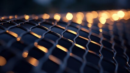Fototapete - Close up view of a black metal fence with bokeh effect lights in the background at night time with selective focus