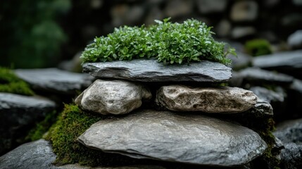 Leinwandbilder - Stacked stones with greenery on top wet from rain or dew in natural outdoor environment with blurred background