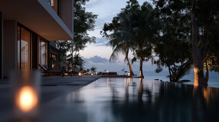 Poster - Evening view of a luxury villa with an infinity pool overlooking the sea. Trees and lights create a serene atmosphere