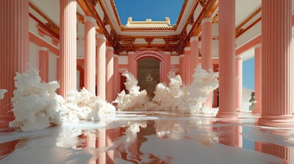 Poster - A pixelated baroque architecture interior with peach columns white walls reflective floor and digital art style