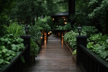 Aufkleber - Wooden pathway through lush green garden in rainy weather. Lanterns illuminate the path. The scene evokes tranquility and peacefulness