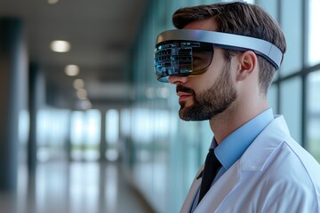 Poster - A man in a lab coat wearing futuristic augmented reality glasses, standing in a modern, brightly lit hallway, suggesting advanced technology in healthcare or research.