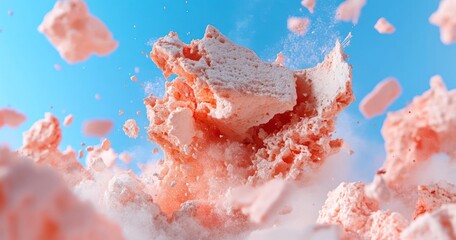 Fototapete - Exploding coral-colored abstract shapes against a bright blue sky creating a dynamic splash effect. The composition features fragmented pieces and cloud like formations with vibrant details