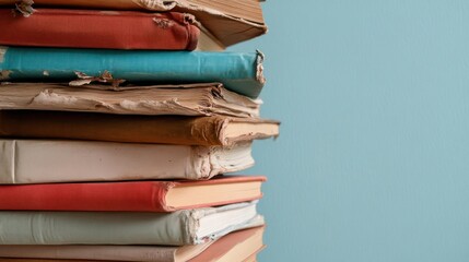Aufkleber - Stack of old books with worn covers against a light blue background reflecting history and knowledge. The books vary in color and show signs of aging and wear