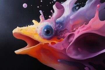 Fototapete - Colorful abstract representation of a fish with vibrant hues and dynamic splash effect against dark backdrop