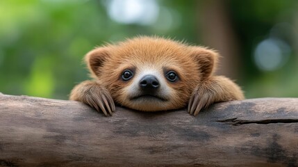 Poster - Close-up of a small, fluffy brown animal resting on a tree branch with curious eyes and focused gaze green blurred background