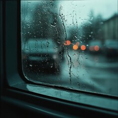 Aufkleber - Raindrops streak down a window creating a blurry view of city lights and a teal blue and gray toned street scene