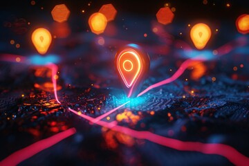 Aufkleber - Glowing location pin on a digital map with neon lines, symbolizing gps navigation and tracking