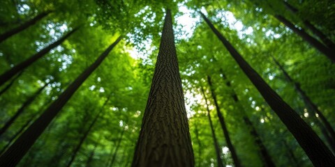 Poster - Low angle view of lush green forest trees reaching towards the sky with dappled sunlight filtering through the canopy. Nature landscape serene and refreshing