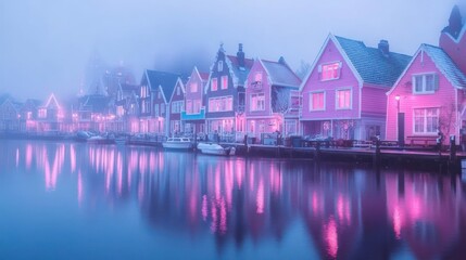 Aufkleber - Pink illuminated houses reflect on still water creating a tranquil atmospheric scene. The architecture is partially obscured by a soft mist under a pale wintery sky