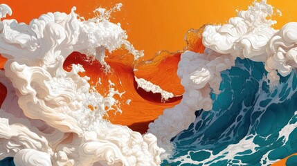 Leinwandbilder - Abstract ocean waves crashing against an orange backdrop evoking powerful energy and movement with textured water and vibrant color contrast