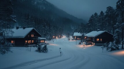 Aufkleber - Snow-covered village nestled in a valley with lit cabins and streetlights during a winter night creates a peaceful scene