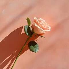 Poster - Single peach rose with green leaves against a textured peachy pink background with shadow patterns and natural sunlight in a studio shot