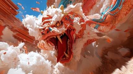 Fototapete - A voxelated dragon with open jaws amidst a bright blue sky and abstract background of red and white shapes
