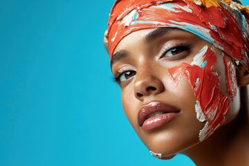 Poster - Portrait of a woman with artistic makeup with vibrant orange red and yellow colors and blue background. Bright makeup and headscarf with paint splatters enhancing facial features