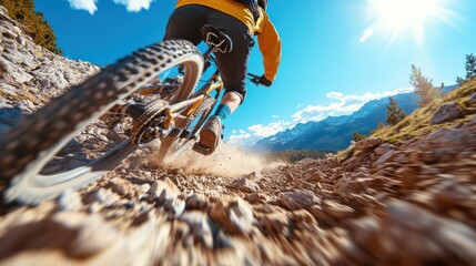 Poster - Close up shot of person mountain biking on a rocky trail towards a mountain range and blue sky with sun rays, adventure sports concept