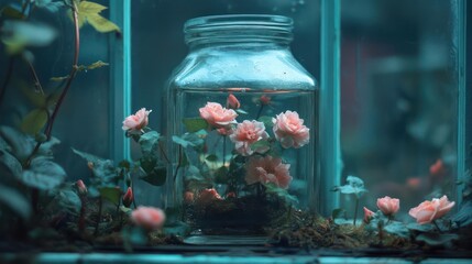 Aufkleber - Pink roses in a glass jar with water and greenery arrangement on a wooden window sill. The scene is bathed in soft lighting