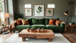 © Semiase - Interior design featuring a green velvet sectional sofa with cozy throw pillows, a wooden coffee table, indoor plants, and decorative wall art, creating a warm and stylish relaxation space.
