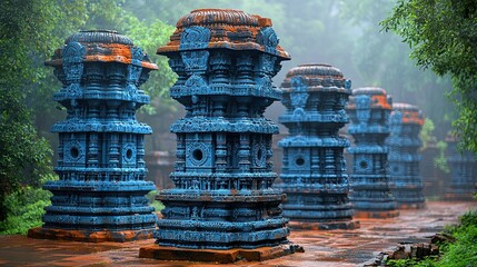 Mystical Blue Pillars of Ancient Temple in Lush Greenery