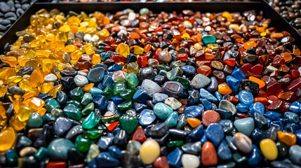 Poster - Box filled with colorful shimmering rocks gleaming like gemstones under soft natural light creating a captivating visual display.