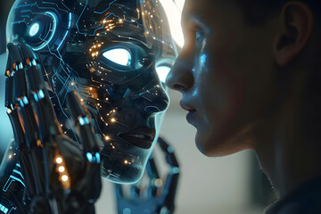 Poster - Side view of a human and an ai robot about to touch, highlighting technology integration