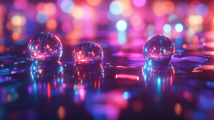 Poster - Three shiny holographic spheres placed on a modern table creating an eye-catching display of light and reflection in a futuristic setting.