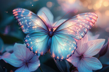 Poster - A luminous blue butterfly with sparkling wings rests gently on soft pink flowers, bathed in warm, magical light.