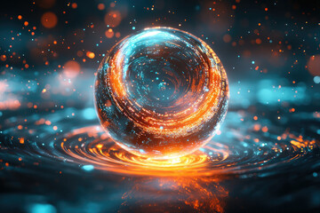Poster - A luminous sphere with swirling, vibrant orange and teal energy, floating above a dark, reflective surface.