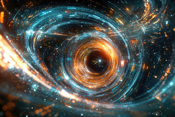 Poster - Abstract swirling vortex of vibrant digital data streams and glowing particles, cosmic tunnel.
