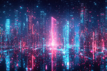 Aufkleber - Neon-lit digital cityscape at night, glowing skyscrapers and interconnected network.