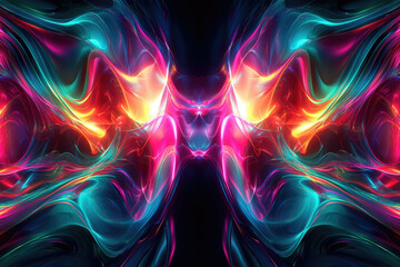 Poster - Abstract vibrant fractal art depicting swirling, luminous neon colors in a symmetrical pattern.