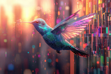 Aufkleber - A vibrant, geometric hummingbird in flight against a backdrop of a colorful, abstract cityscape at sunset.