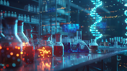 Aufkleber - Futuristic laboratory with dna helix and glassware