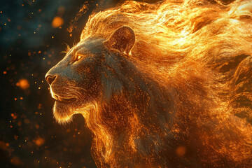 Poster - Fiery lion's mane ablaze, majestic creature of fire and power.