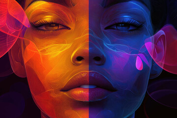 Poster - A mesmerizing portrait of a woman's face, split into vibrant warm and cool tones, creating a duality of light and shadow.