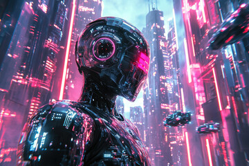 Aufkleber - A futuristic robot stands in a neon-lit cyberpunk city, with flying vehicles soaring past towering buildings.